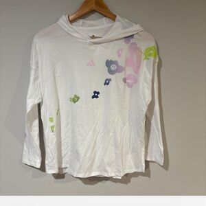 Adidas Kids Girl L White Floral Graphic Hoodie Pullover Sweatshirt